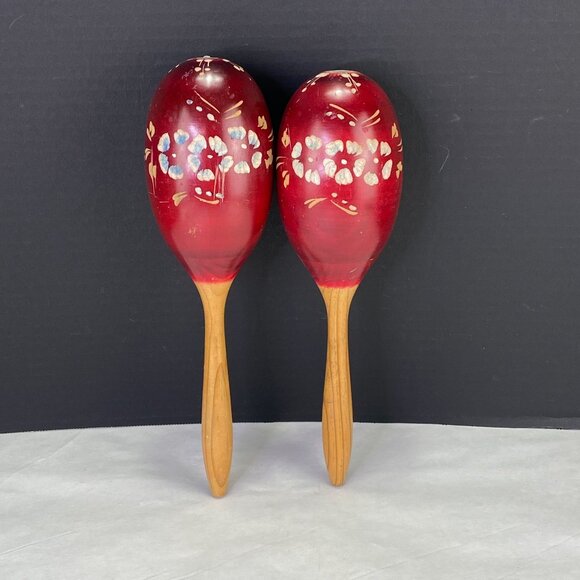 Vintage Red Wood Maracas With Floral Design - Picture 1 of 12